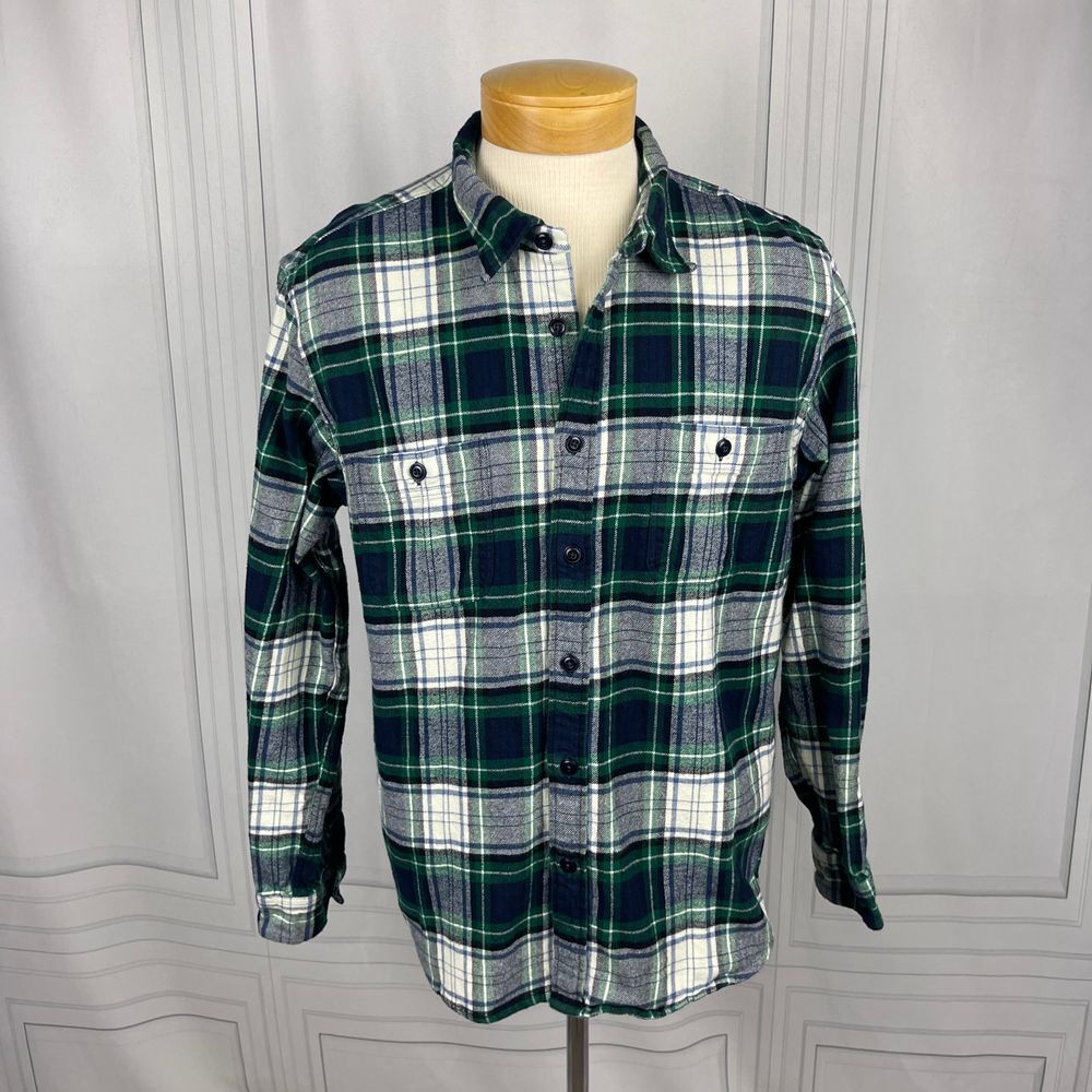 J. Crew-Double Brushed Flannel Plaid Button Down‎ Shirt-Slim Fit -Green Navy-XL